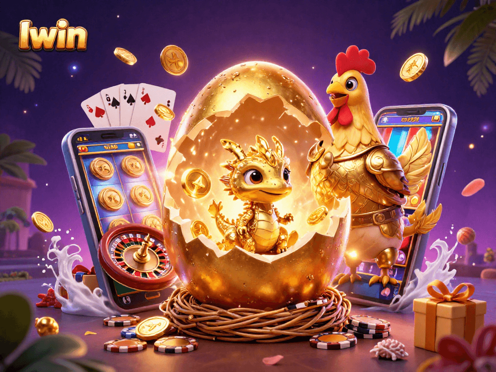 Iwin experience thrilling wins as a golden dragon emerges from a nest of poker chips amidst vibrant casino elements.