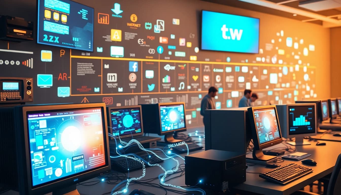 Understanding internet history with a visual timeline of digital milestones and iconic symbols.