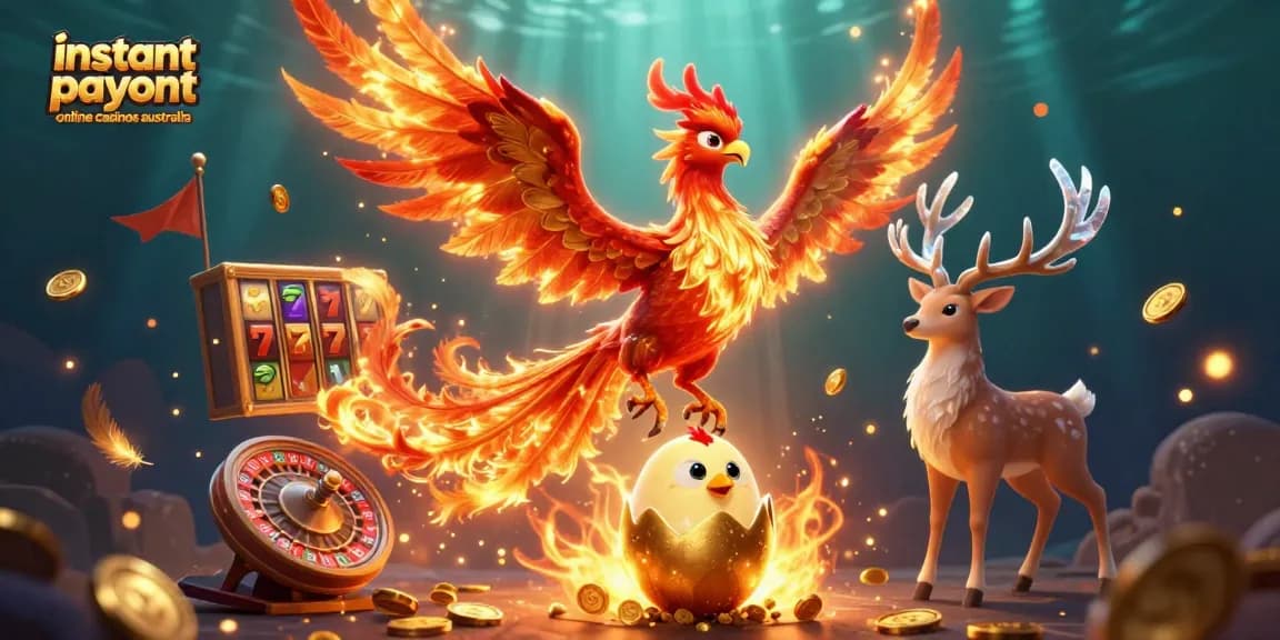 Experience instant payout online casinos Australia with a vibrant casino-themed digital illustration.