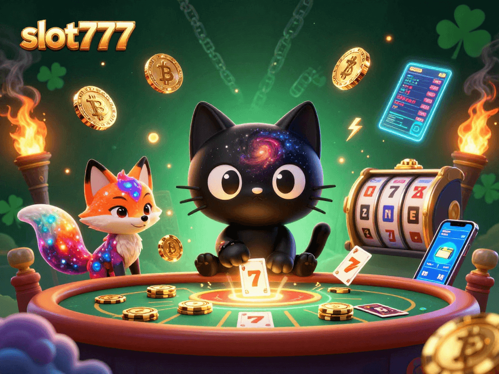 Spin and win with slot777, featuring a cosmic cat at a casino table amidst golden chips and colorful characters.