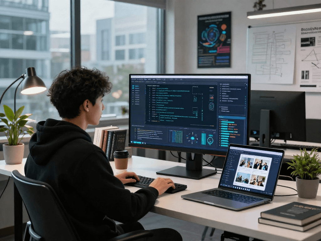 AI Detector software in a modern workstation with real-time analysis and data visualizations.