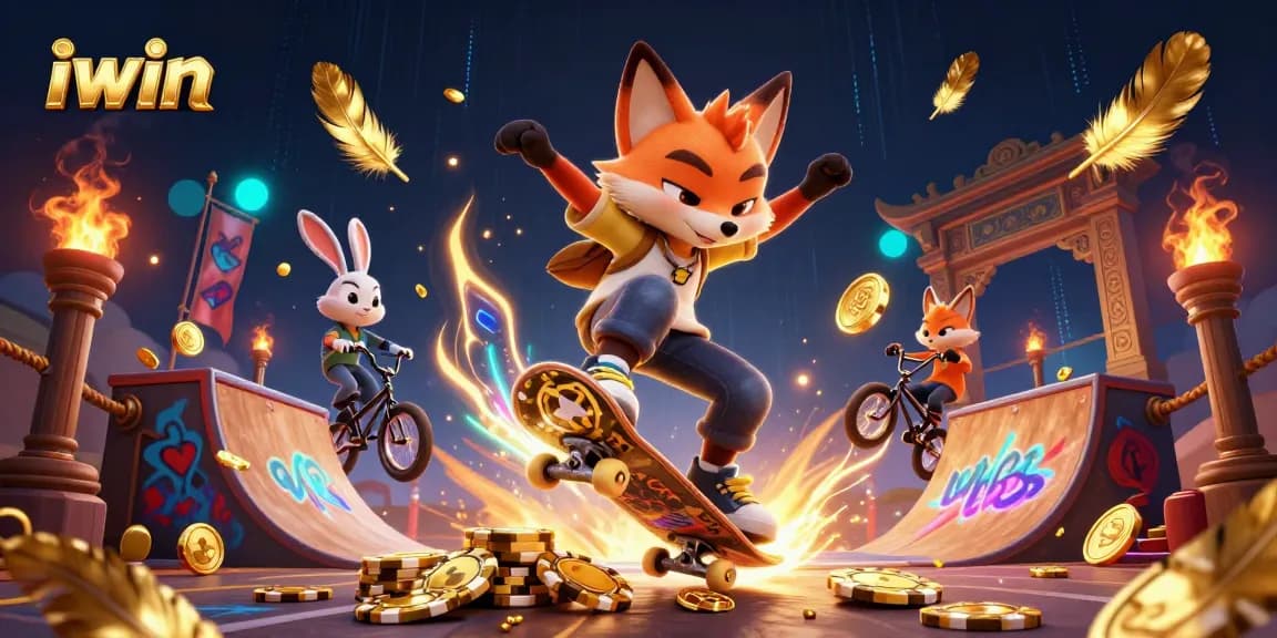 iwin club features a skateboarder fox and BMX-riding rabbit in an action-packed casino scene.
