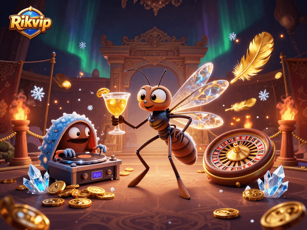 Rikvip casino mascot brings luck with golden cocktail, amidst vibrant gambling action and stunning effects.