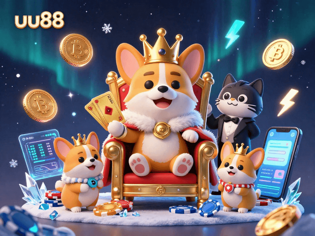 Spin to win with uu88's royal corgi at the casino throne, showcasing exciting crypto elements.