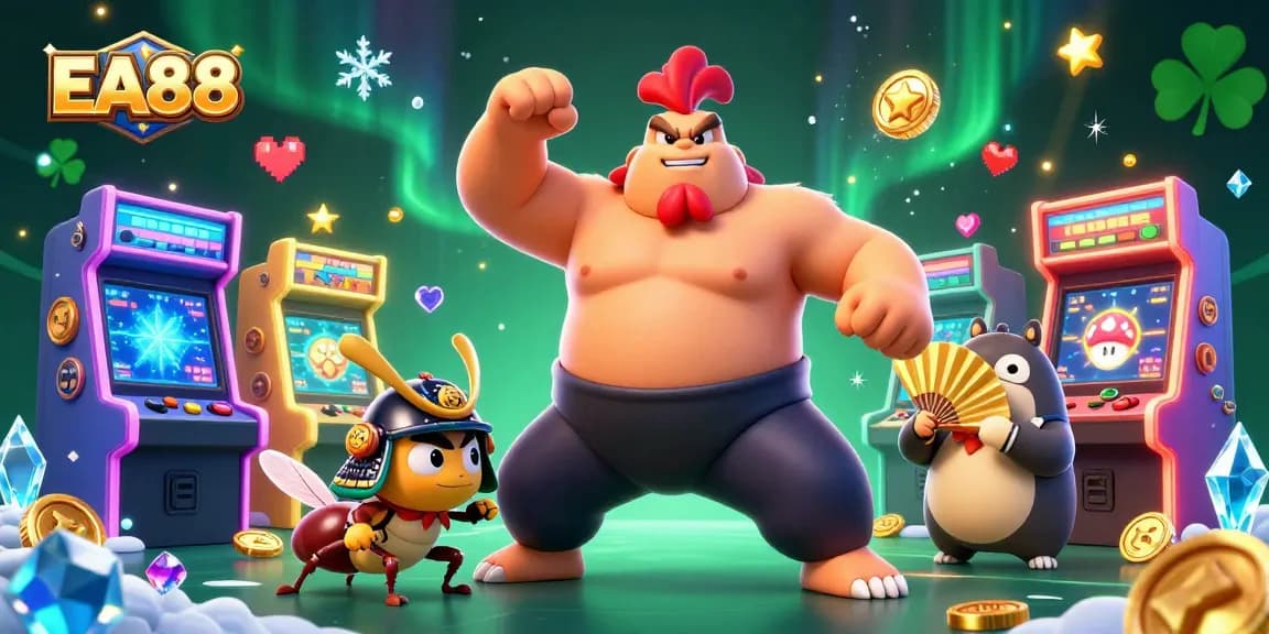 Experience EA88's dynamic casino atmosphere with vibrant characters and game elements enriching the scene.