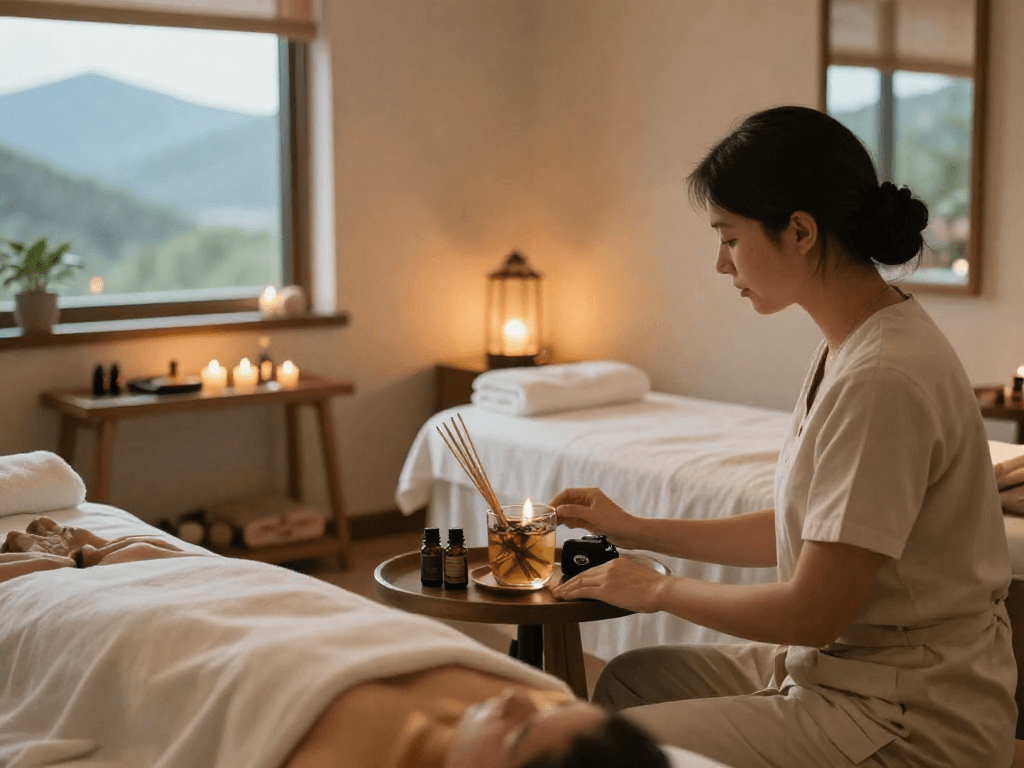 Therapist consultation in a serene massage room showcasing mantra88 wellness experience.