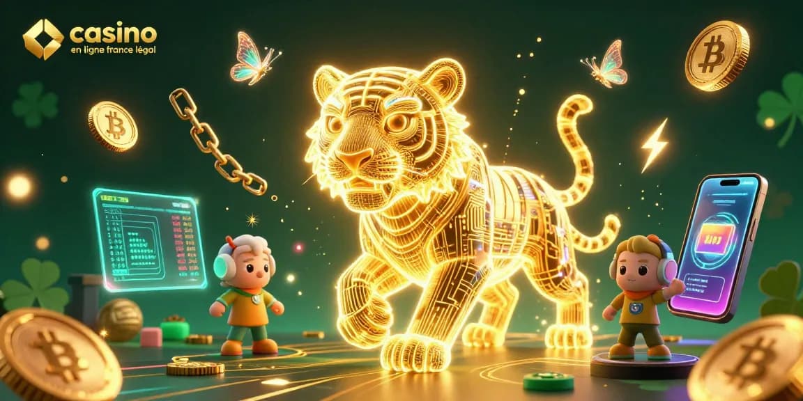 Casino en ligne France légal présente un tigre lumineux au cœur d'un paysage numérique avec des pièces de crypto-monnaie.