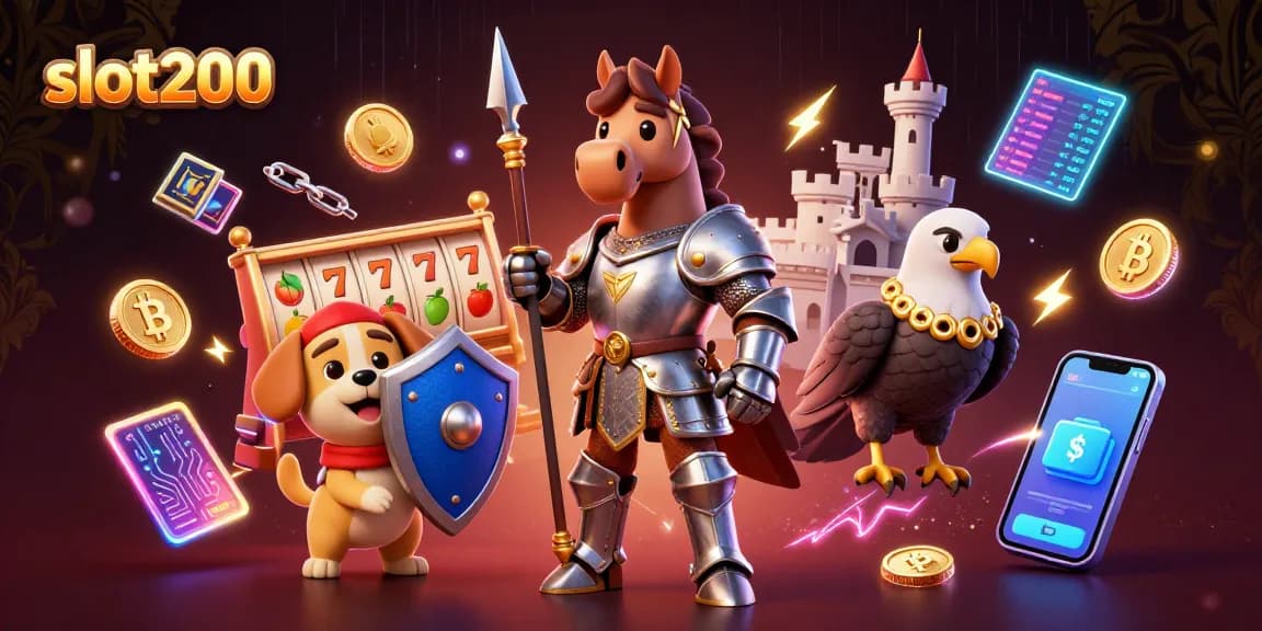 Experience thrilling gaming with slot200, showcasing a knight, puppy, and falcon amidst vibrant slot elements.