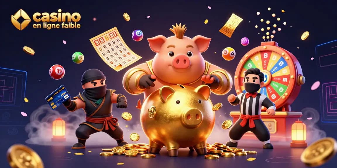 Un combat dynamique entre un sumo en forme de tirelire et un ninja, promouvant le casino en ligne fiable.