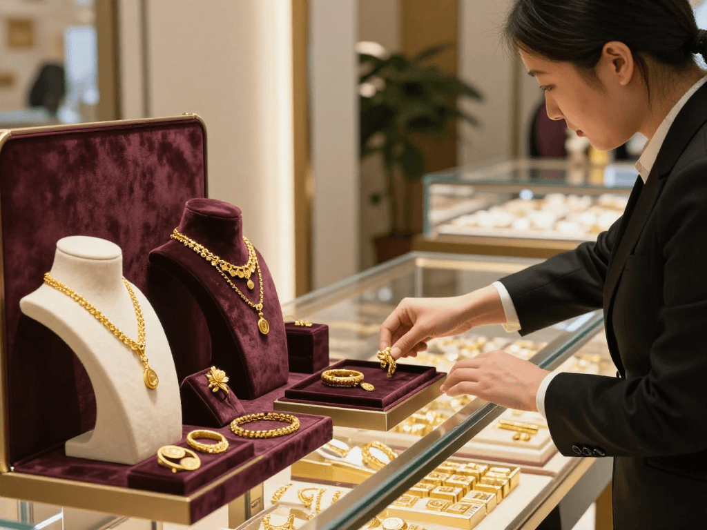 Stunning display of 24K gold jewelry at luxury boutique, promoting mantra88 with intricate designs and customer engagement.