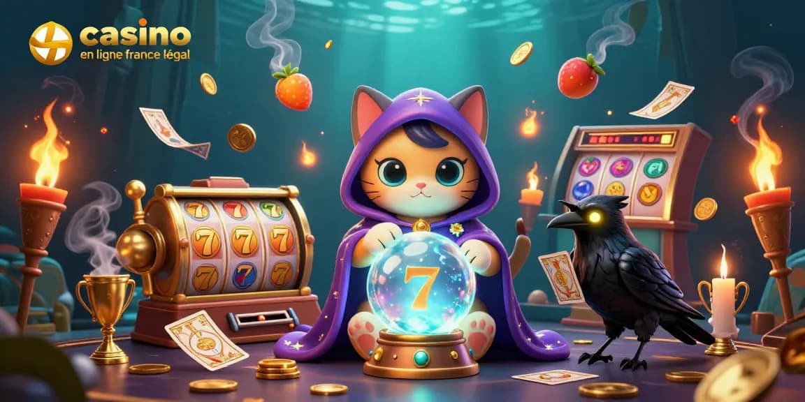 Illustration dynamique de casino en ligne France légal avec un chat mystique et des éléments de jeux.