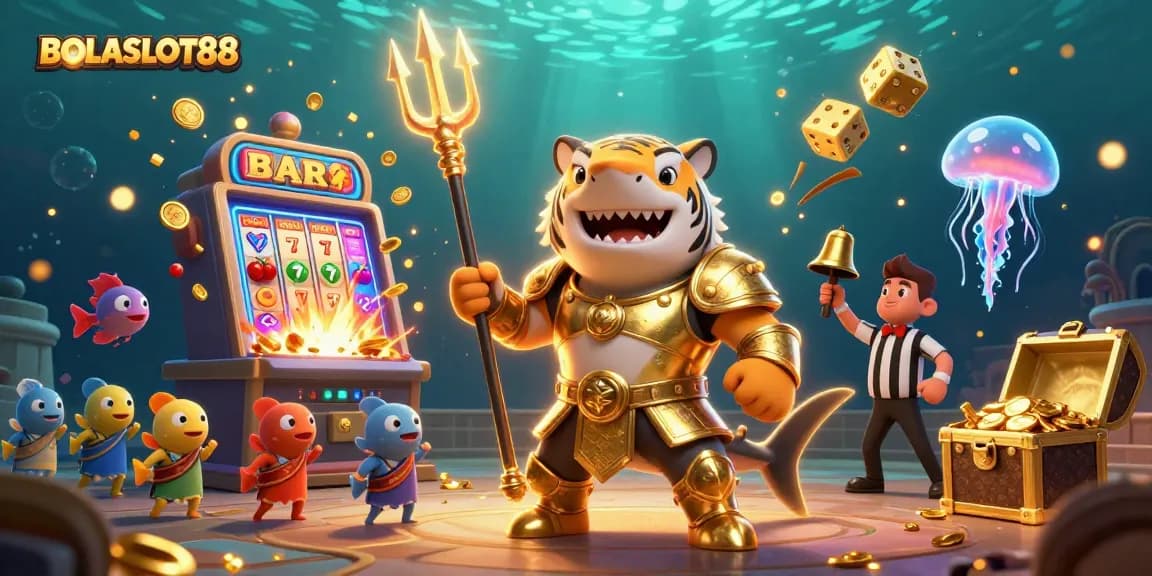 BOLASLOT88 showcases thrilling slot gaming in a vibrant underwater scene, featuring dynamic characters and elements.