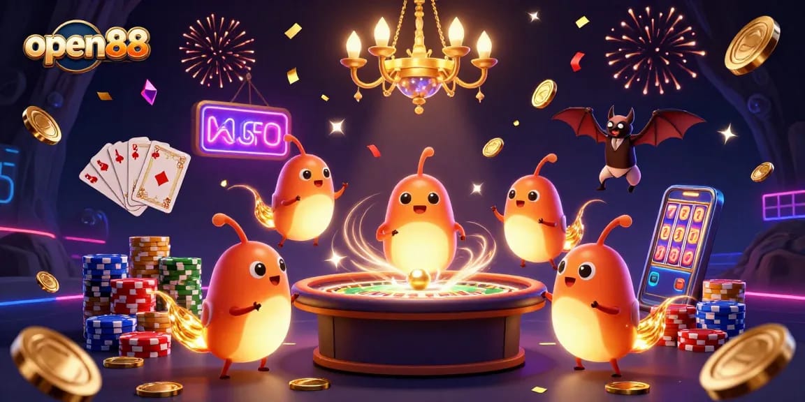 Experience the vibrant casino atmosphere with open88's glowing animations of luck and winning moments.