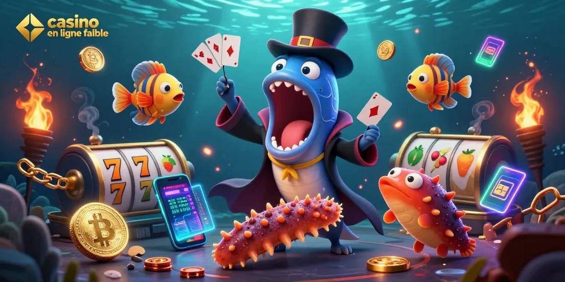 Un spectacle captivant de magie sous-marine avec un "casino en ligne fiable" illustré par un poisson-lanterne, un serpent de mer et des éléments de jeu.