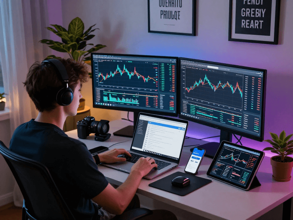 Dynamic cryptocurrency trading scene with mantra88 charts and analysis in modern office setting.