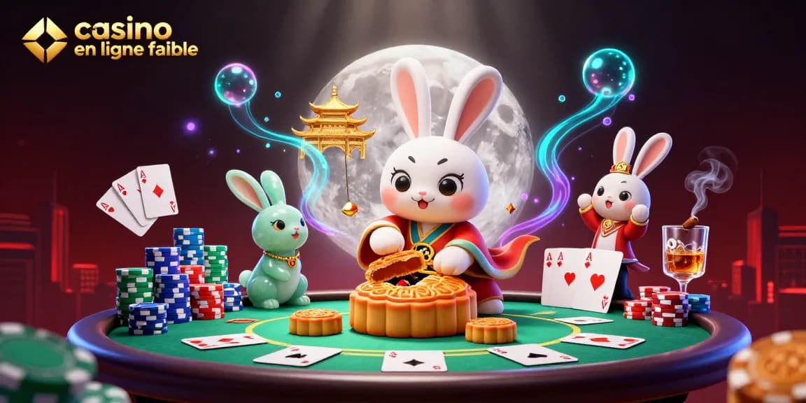 Illustration captivante sur un casino en ligne fiable avec un lapin lunaire et des jetons de poker.