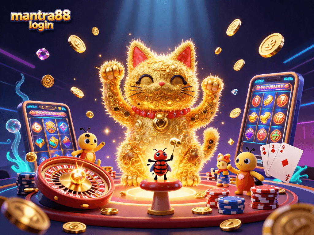 Engaging visual of mantra88 login where a giant lucky cat formed by fireflies greets players in a vibrant casino scene.