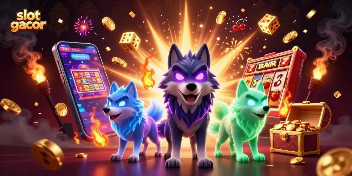 Play slot gacor with 3D wolf pack leaders and vibrant casino elements in a thrilling jackpot scene.