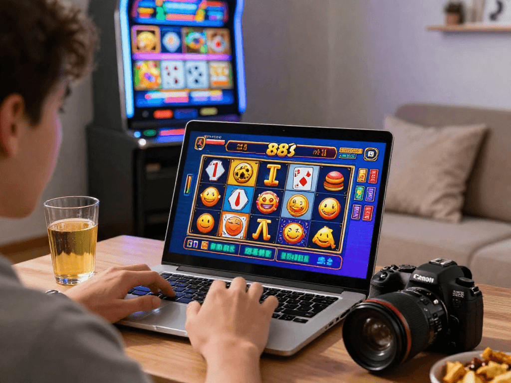 Pengguna menikmati permainan slot88 dengan grafis yang cerah di laptop, menciptakan suasana nyaman dan menarik.
