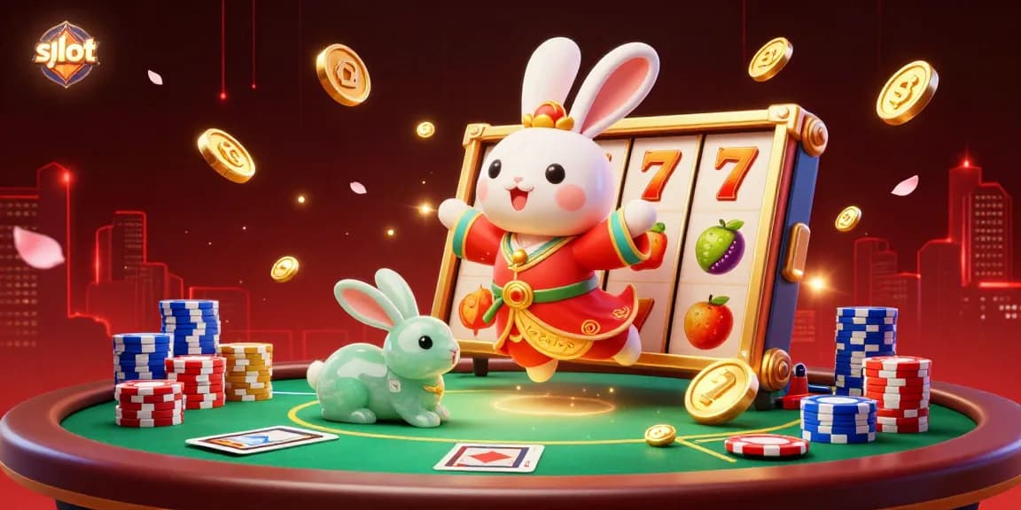 Permainan slot dengan simbol buah yang berkilauan dan jackpot, dikelilingi karakter kelinci bulan yang beraksi.