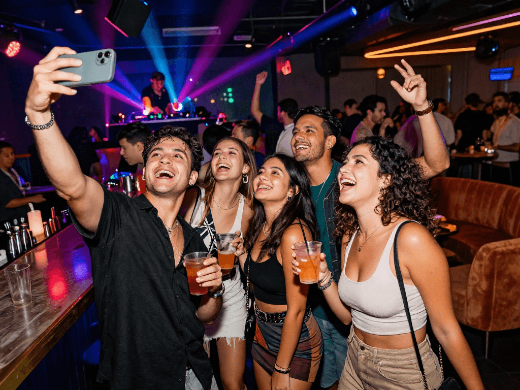 Friends celebrating in a nightclub while discovering celebrities look alike.
