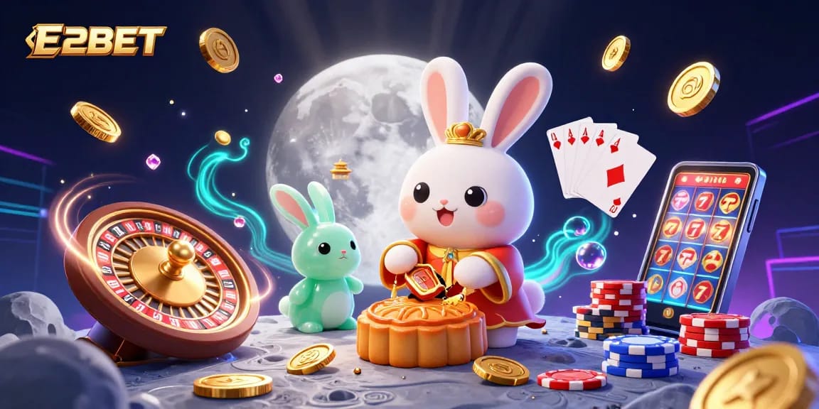 E2BET invites players to explore a magical moonlit casino scene filled with treasures and excitement.