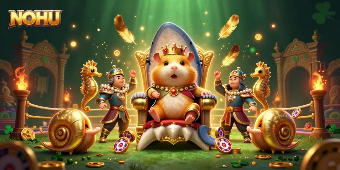 Experience NOHU in this vibrant 3D scene featuring the golden hamster king and exciting casino elements.