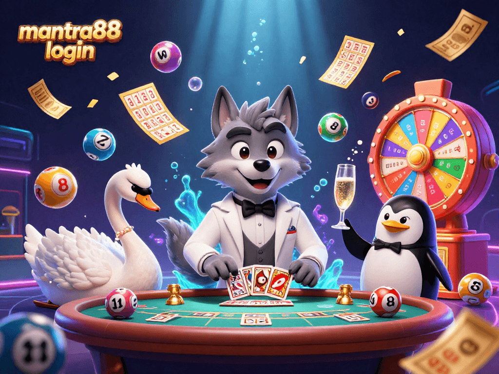 Experience the excitement of mantra88 login with our captivating casino illustration featuring a wolf, swan, and penguin.