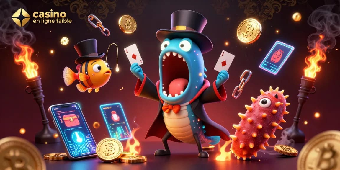 Illustration animée sur le thème du casino en ligne fiable, mettant en scène un poisson luminescent et des effets de jeu captivants.