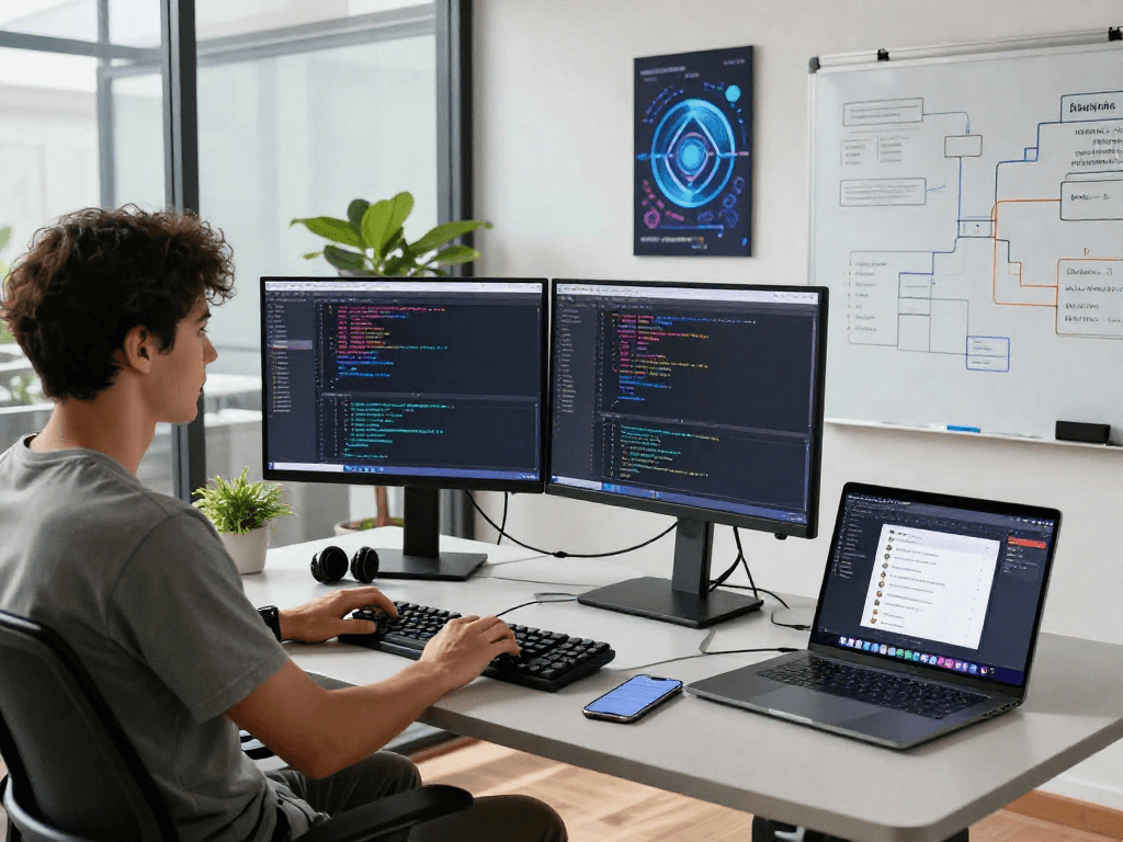 Dynamic workspace showcasing a developer using acrossprotocol for cross-chain bridging in a modern office.