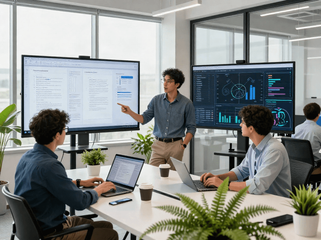 Team collaborating on document fraud detection software features in a high-tech office.