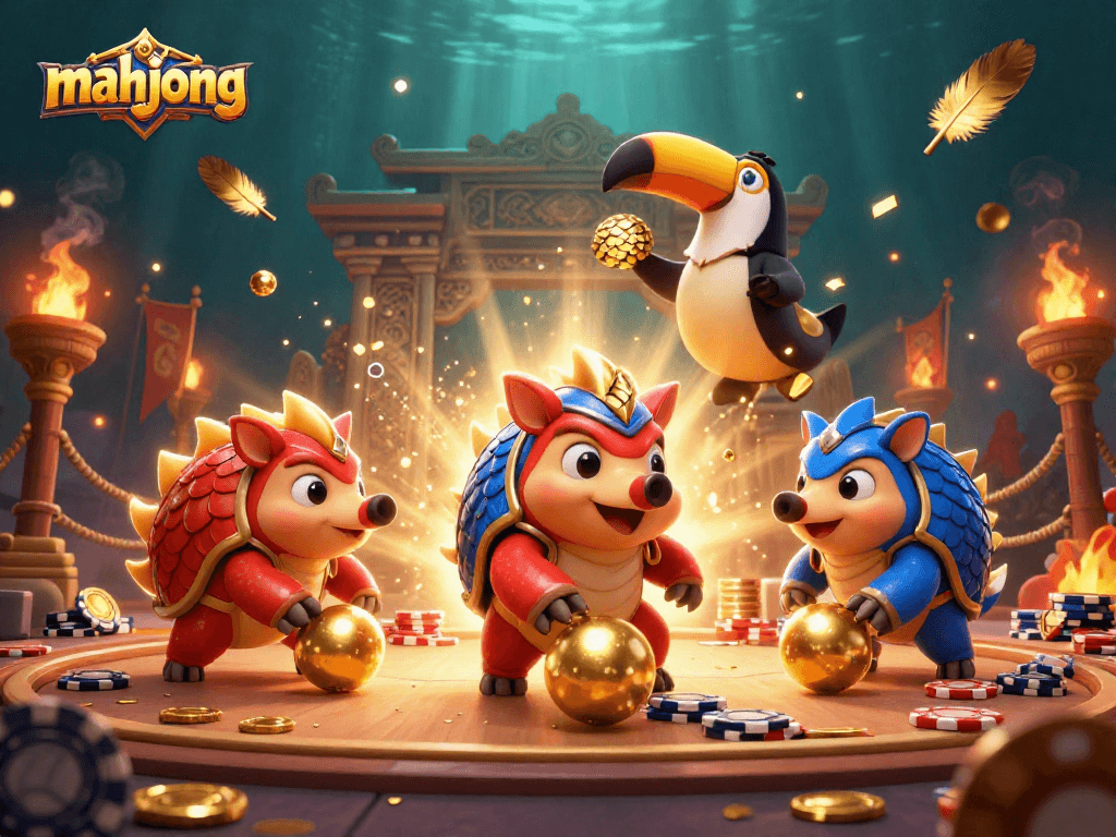 Bowling pangolins in a mahjong-themed casino setting, showcasing exciting gameplay.