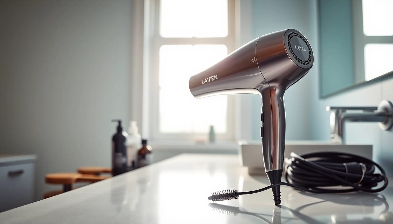 Showcase the Laifen hair dryer on a stylish countertop with natural light enhancing its features.