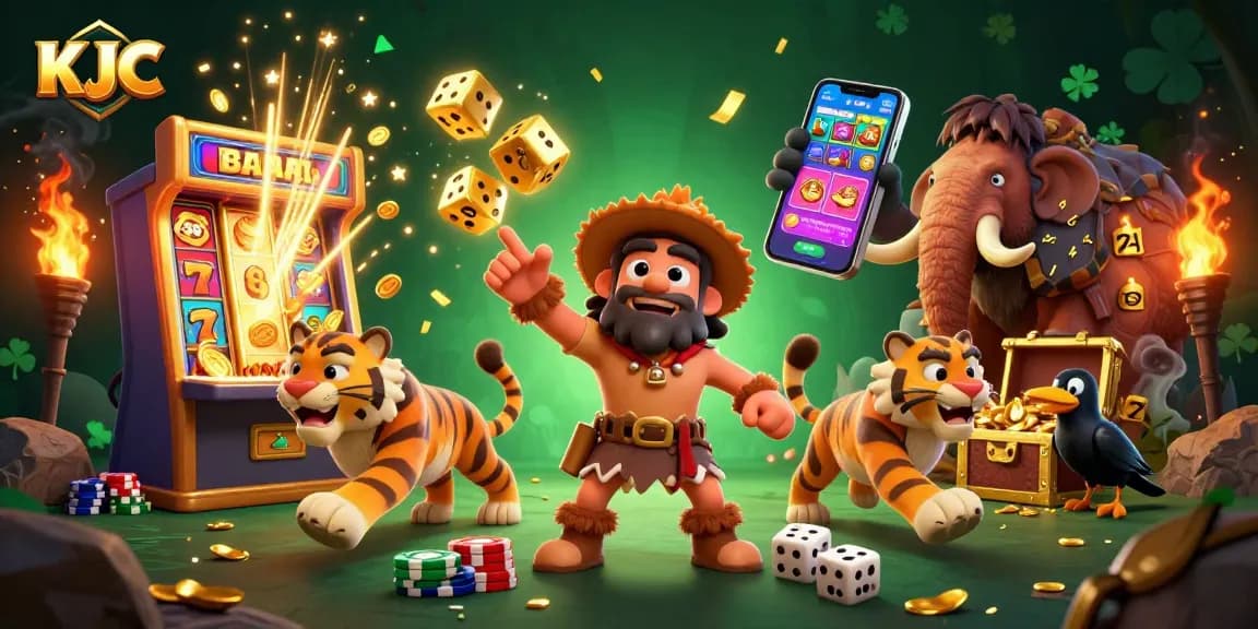 KJC showcases an exciting prehistoric casino scene with caveman characters and slot machine action.