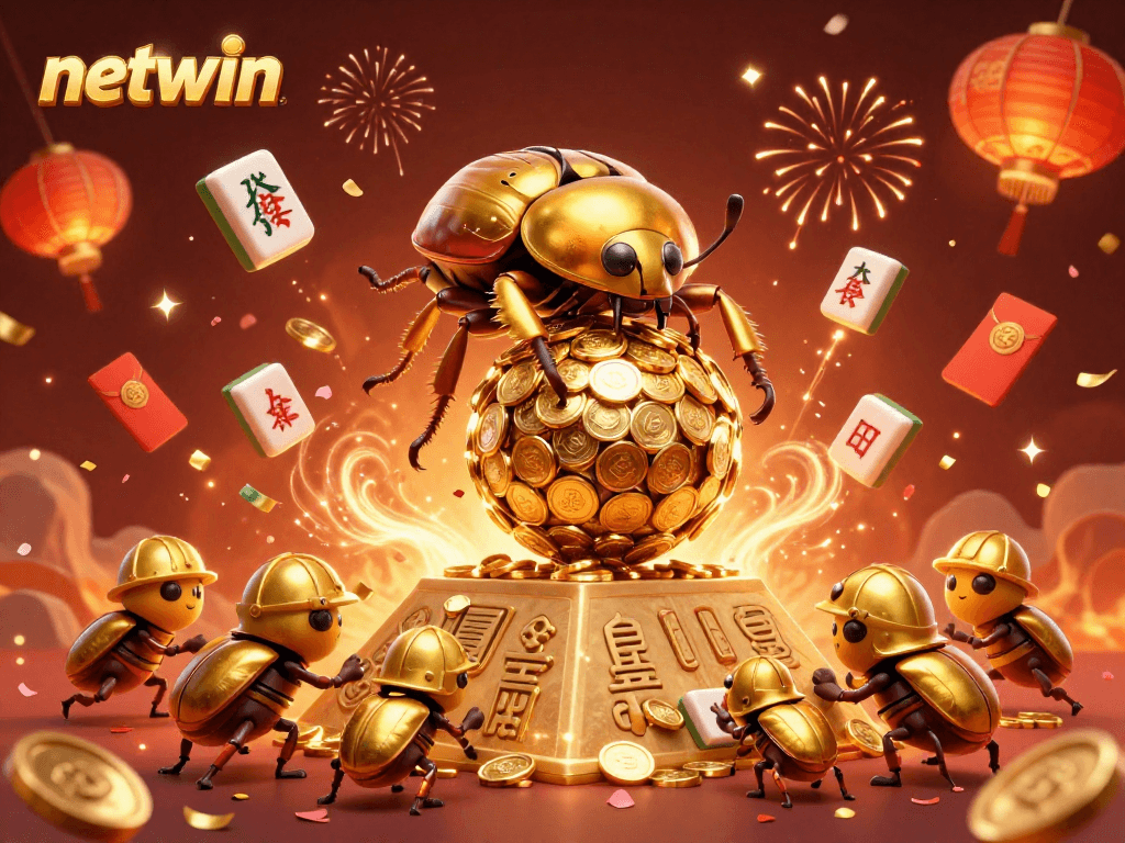 Experience the excitement of netwin with a golden dung beetle and casino theme.