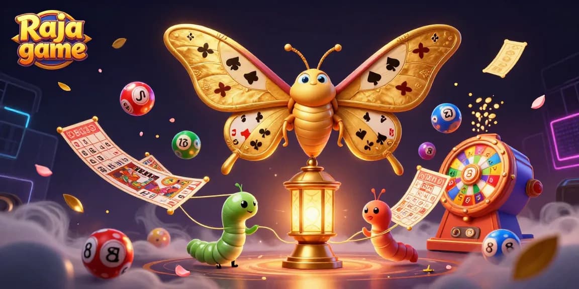 Engage with the adventure of Raja game featuring vibrant gambling elements like lottery balls and prize wheels amidst a fantasy scene.