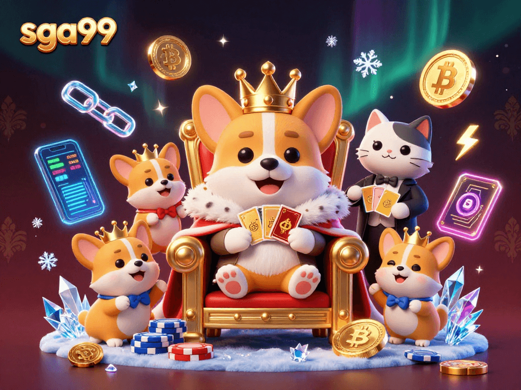 Experience exclusive gameplay at sga99 with a royal corgi on a poker chip throne amid neon crypto elements.