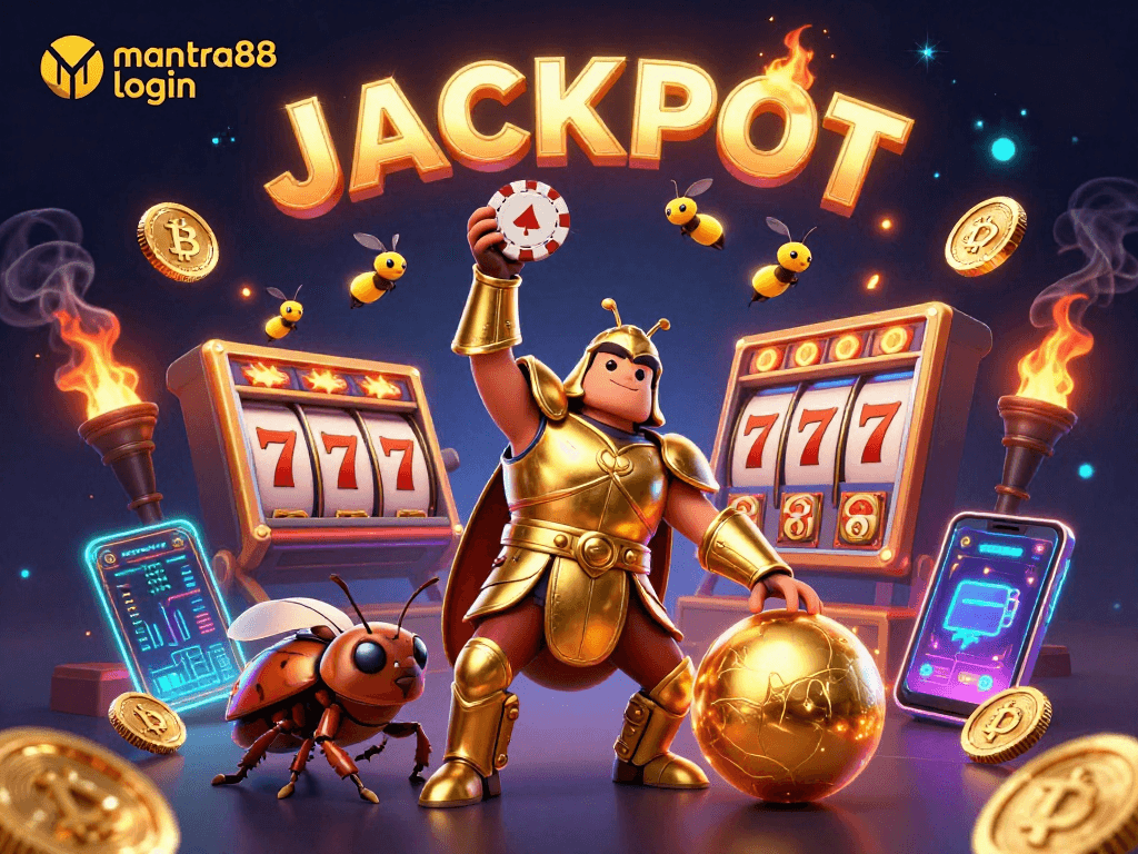 Experience thrilling excitement with mantra88 login while showcasing a victorious hercules beetle in a colorful casino scene.