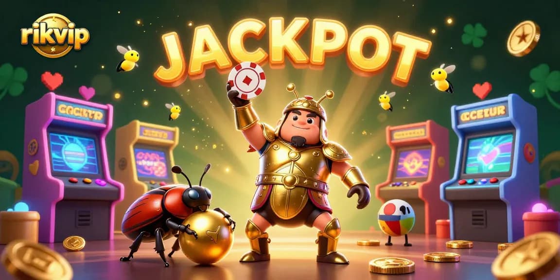 Experience thrilling gameplay at Rikvip with a 3D cartoon hercules beetle celebrating a jackpot victory!