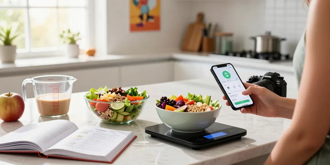 Using the best AI calorie tracker app to log healthy meals in a bright kitchen.