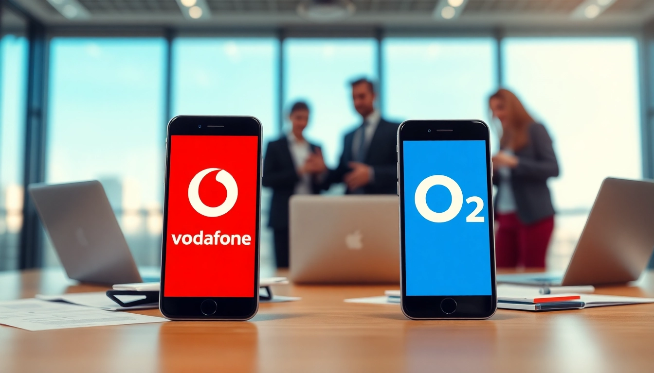 Compare Vodafone vs O2 business mobile services through smartphones in an office setting.