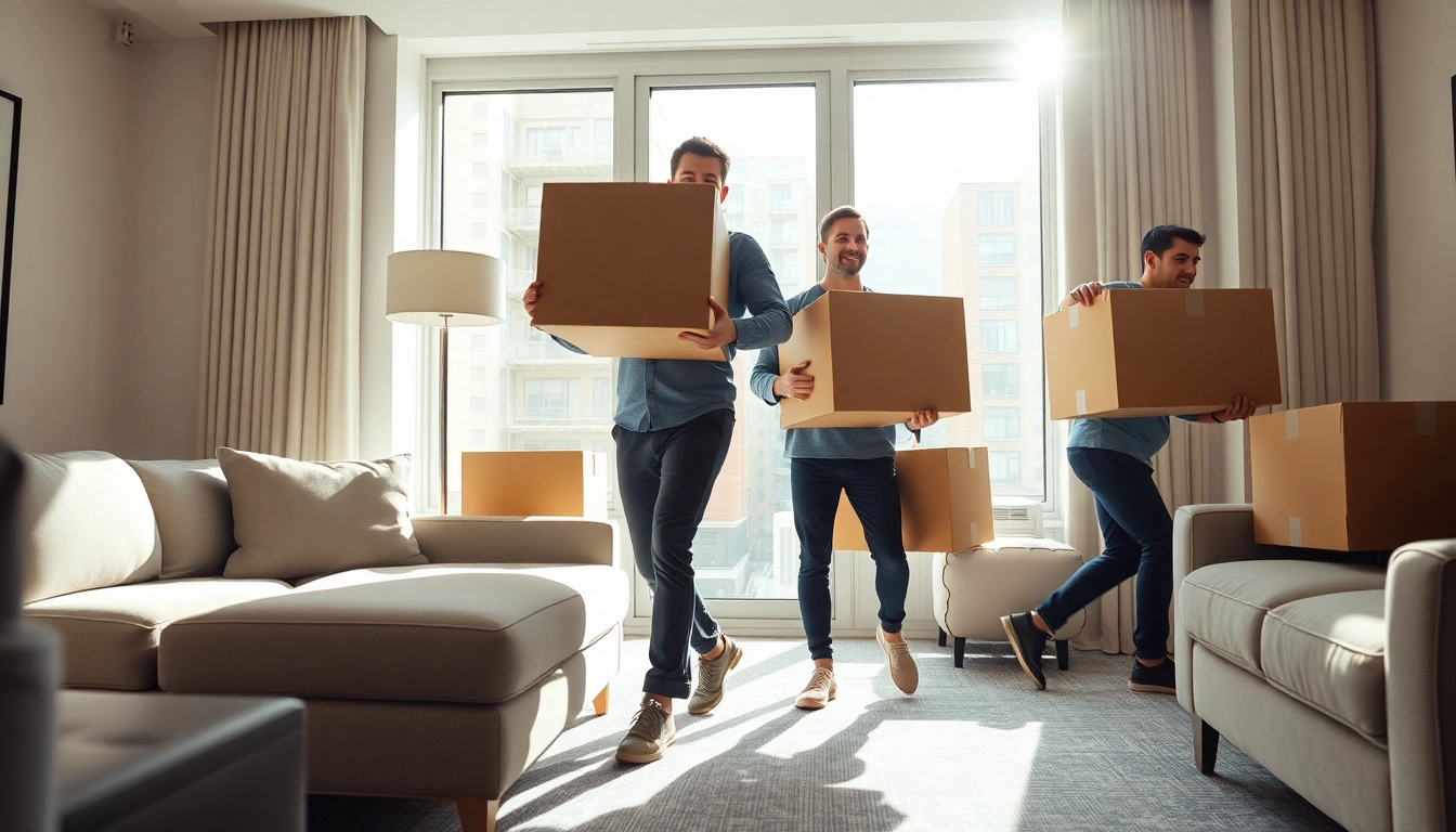 Movers engaged in manhattan moving with care and professionalism in a spacious apartment.