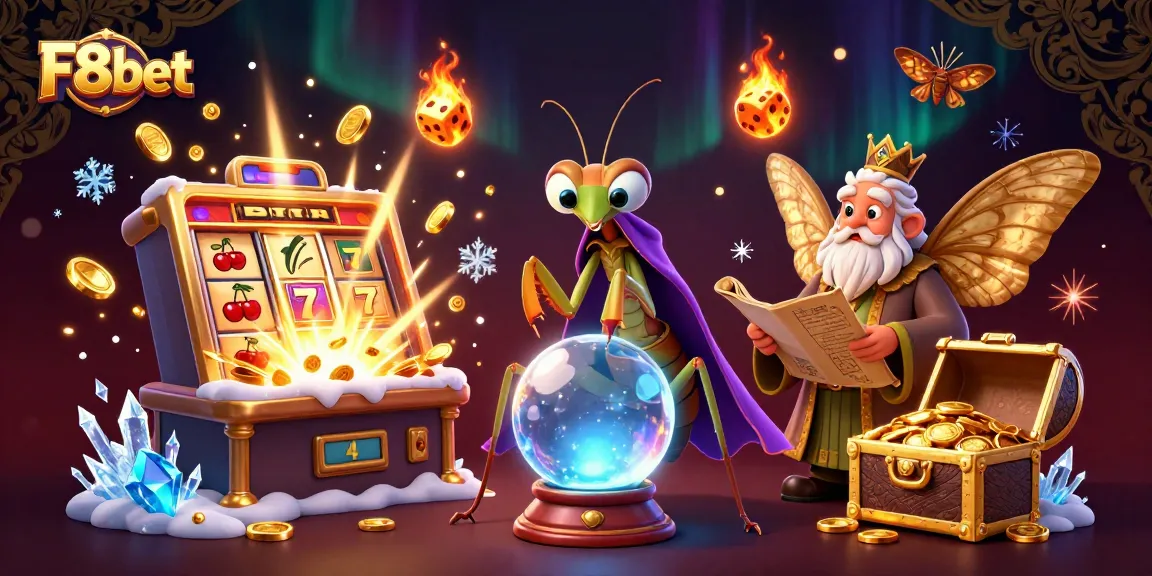 Engage with F8bet's dynamic 3D casino scene featuring games, characters, and festive elements.