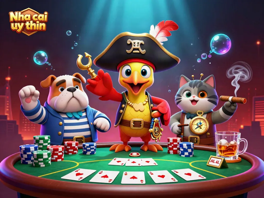 Nha cai uy tin showcases vibrant 3D pirate-themed casino action with poker elements and engaging characters.