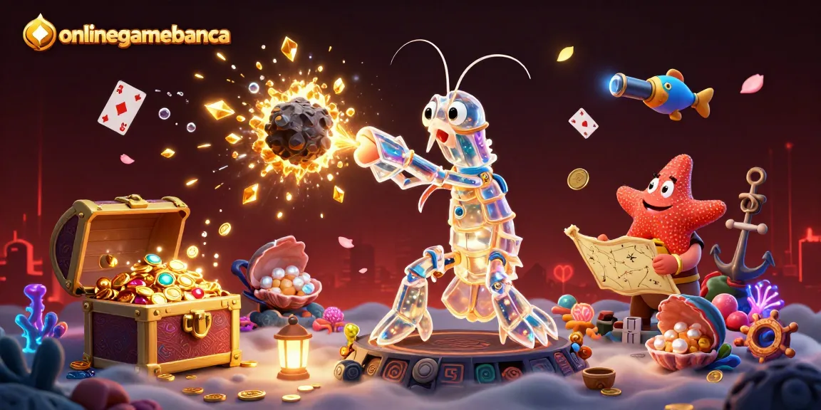 Onlinegamebanca showcases thrilling action with a galactic mantis shrimp in a vibrant casino-themed scene.