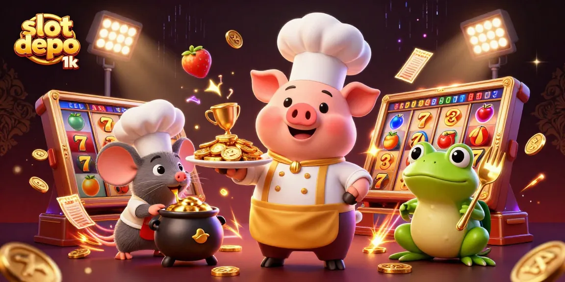 Slot depo 1k dengan chef babi menghadirkan koin emas dan simbol slot menyala.