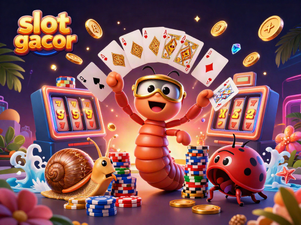 Ilustrasi slot gacor dengan dealer millipede 3D dan simbol permainan berkilauan.