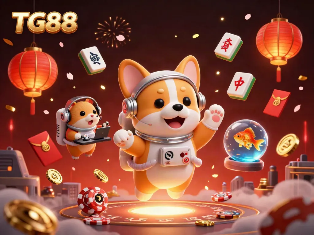 Engage with TG88 in an exciting cosmic casino adventure, featuring floating coins and playful characters.