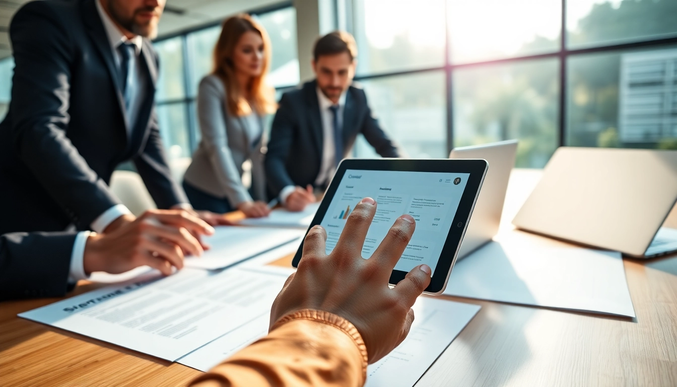 Illustration of contract administration documentation software being used by a professional business team.