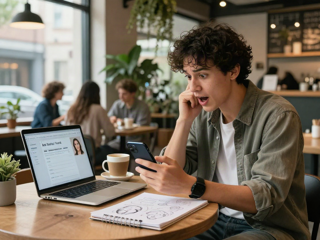 Young adult engaged in an attractive test using a smartphone in a cozy coffee shop.